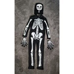 Skeleton Halloween Costume w/Hood & Gloves 1/2 Zip Approx Youth LARGE Pre-owned